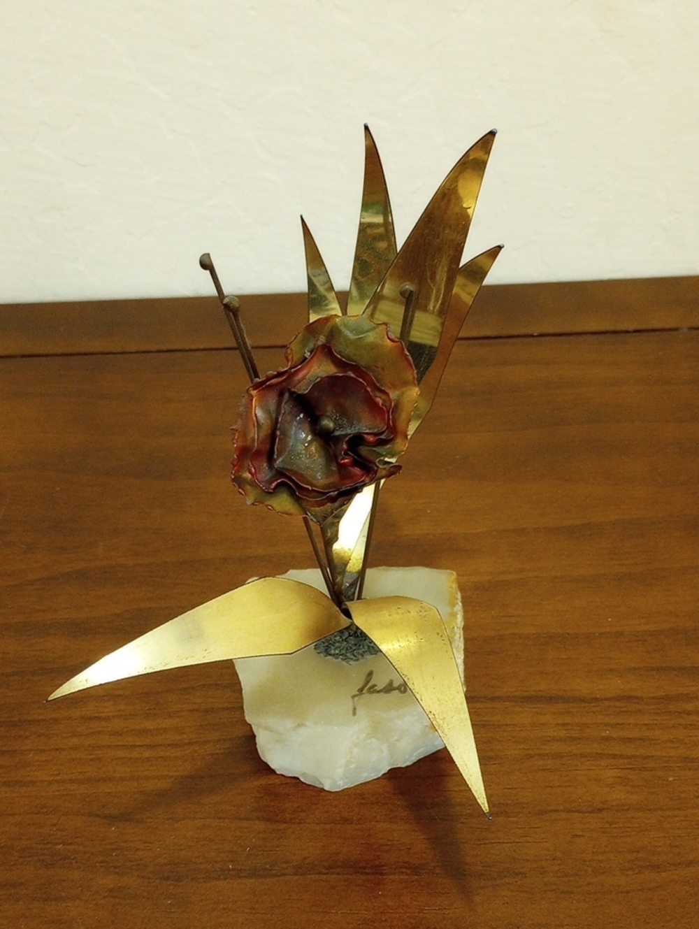 Mario Jason Brass Flower Sculpture on Marble/Onyx - Rare Vintage!